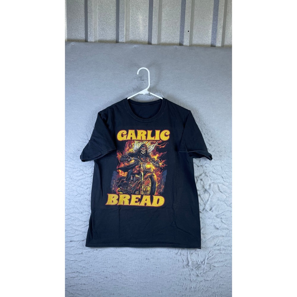 Unbranded Garlic Bread Graphic T-Shirt Mens Small Black Good Skeleton Biker